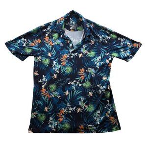 Mens Performance Polo Shirt Large Anti-UV Moisture-Wicking Tropical Print Stretc